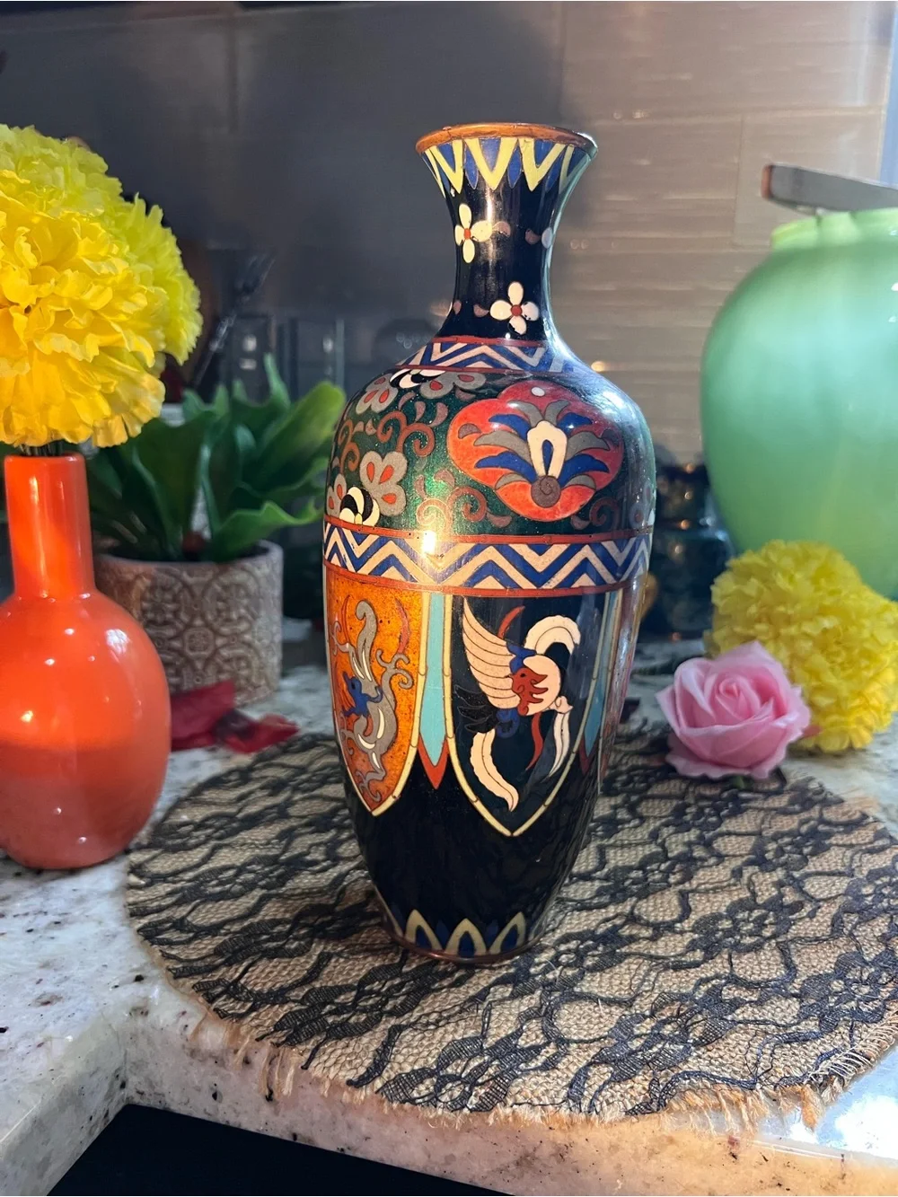 Antique Black Green Orange Cloisonné Vase no flaws